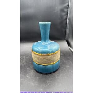 Turquoise Blue Crackle Glaze Pottery Vase Sand Textured Band Gold Trim